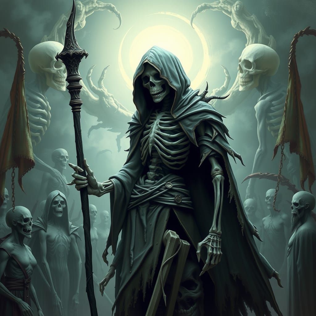 Necromancer Commands Undead Legion in Dark Fantasy Style