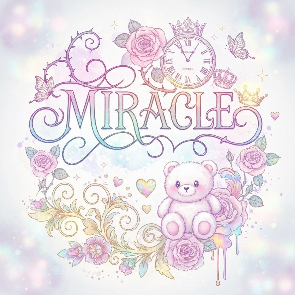 Gothic Calligraphy "MIRACLE" with Roses & Teddy Bear