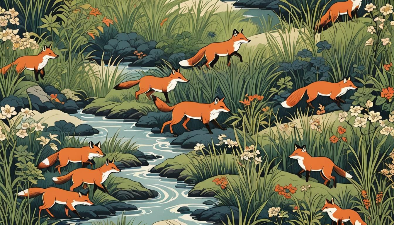 Foxes in Ukiyo-e Style Japanese Woodblock Print