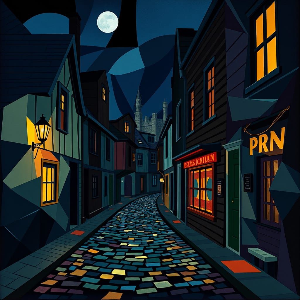 Cubist Scottish Alley at Night with Vibrant Colors