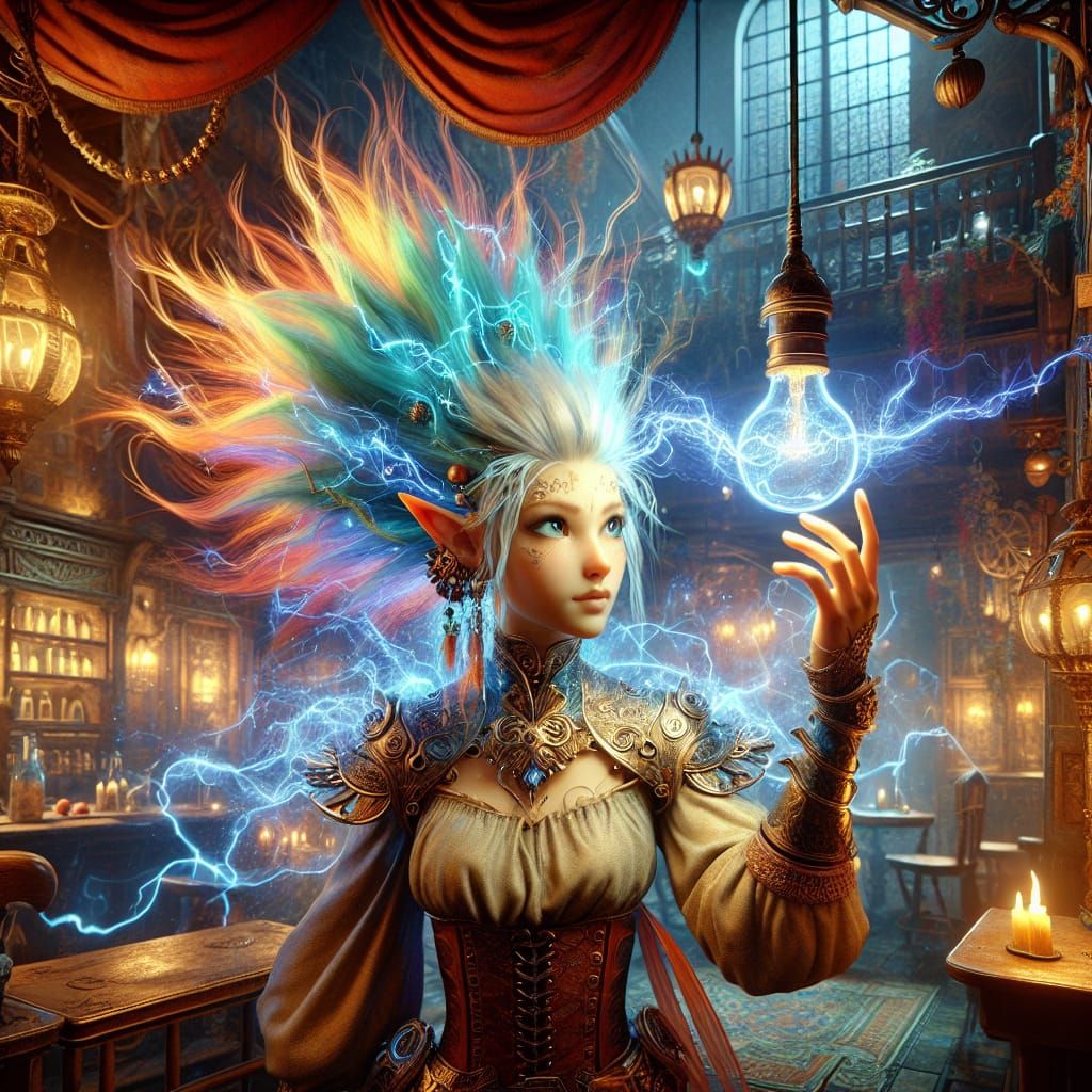 Electrifying Elf in Fantasy Tavern Scene