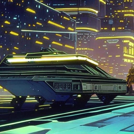 Cyberpunk APC at Colony Entrance in 80s Sci-Fi Style