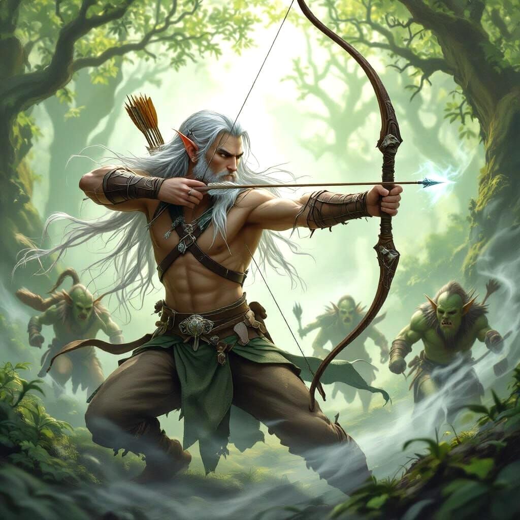 Elven Archer Battles Orcs in Misty Forest