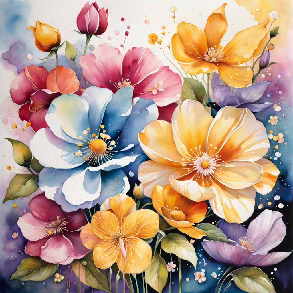 Watercolor Flowers in Washed Ink Style