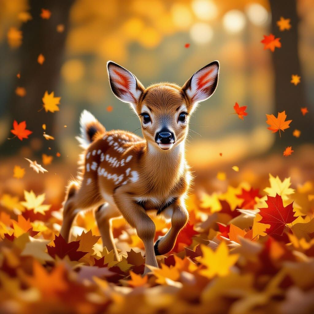 Joyful Baby Deer in Autumn Leaves, Hyperrealistic Splash Art
