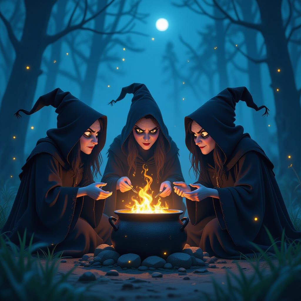 Macbeth Witches Brew in Pixar Style