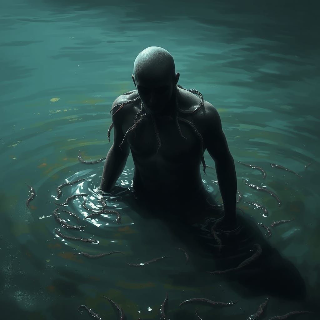 Figure Emerges from Murky Water Covered in Leeches