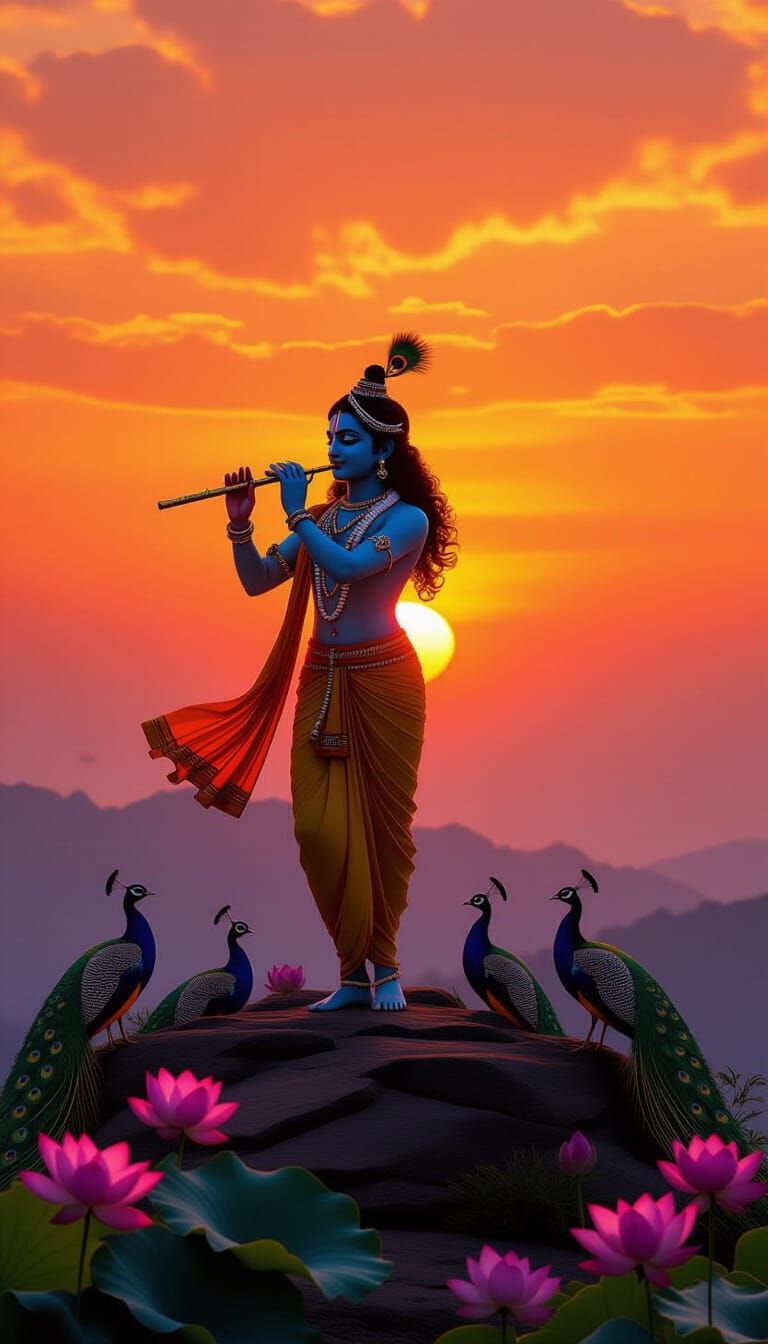 Krishna Playing Flute at Sunset