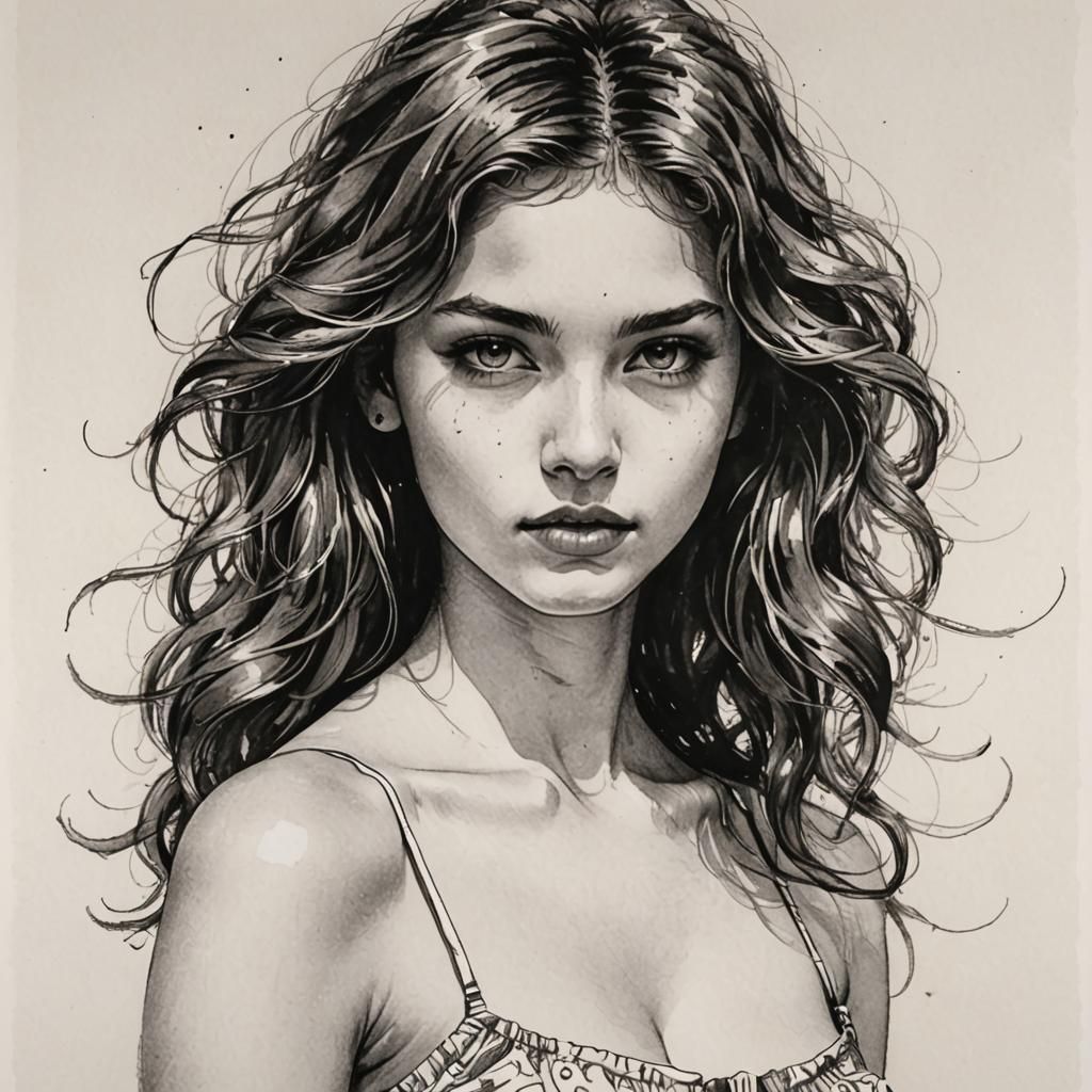 Captivating Woman with Intense Gaze in Pen and Ink