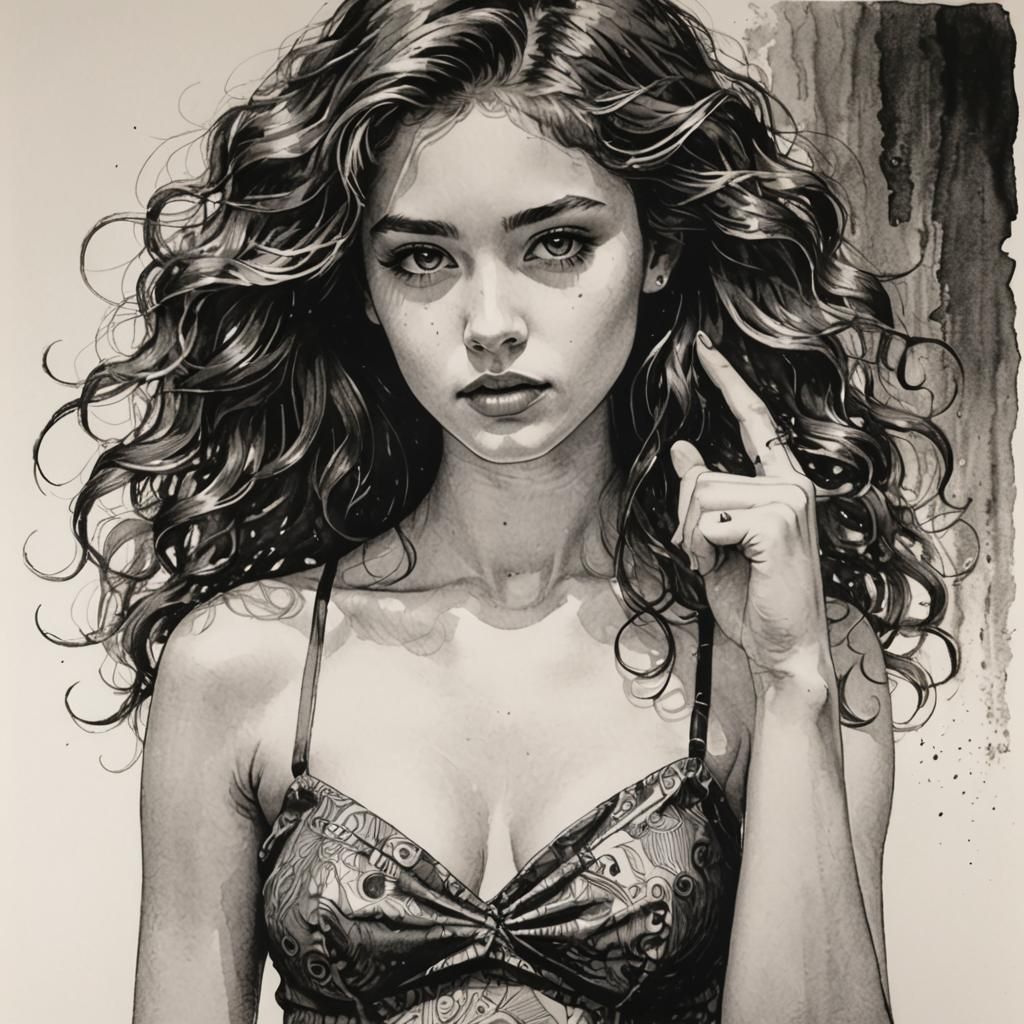 Captivating Woman in Pen and Ink Drawing