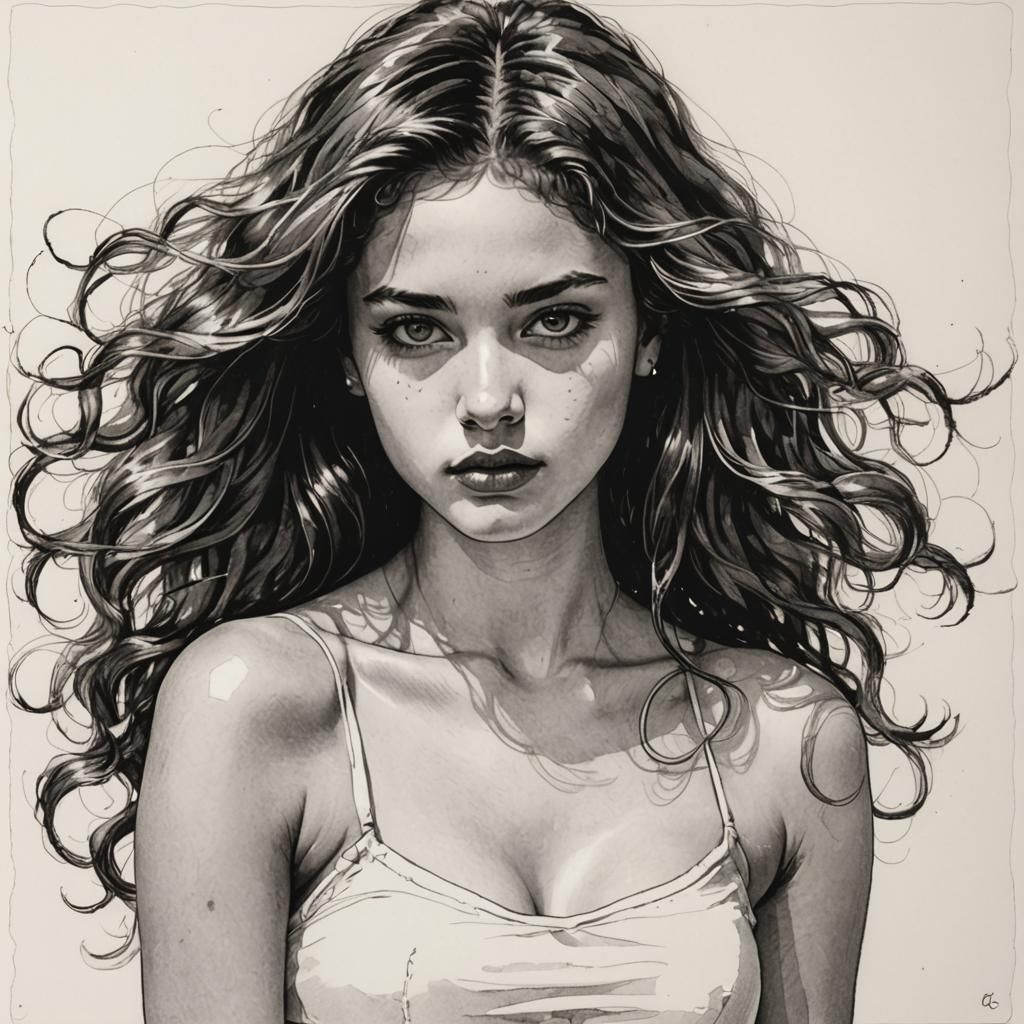 Captivating Woman in Pen and Ink Drawing