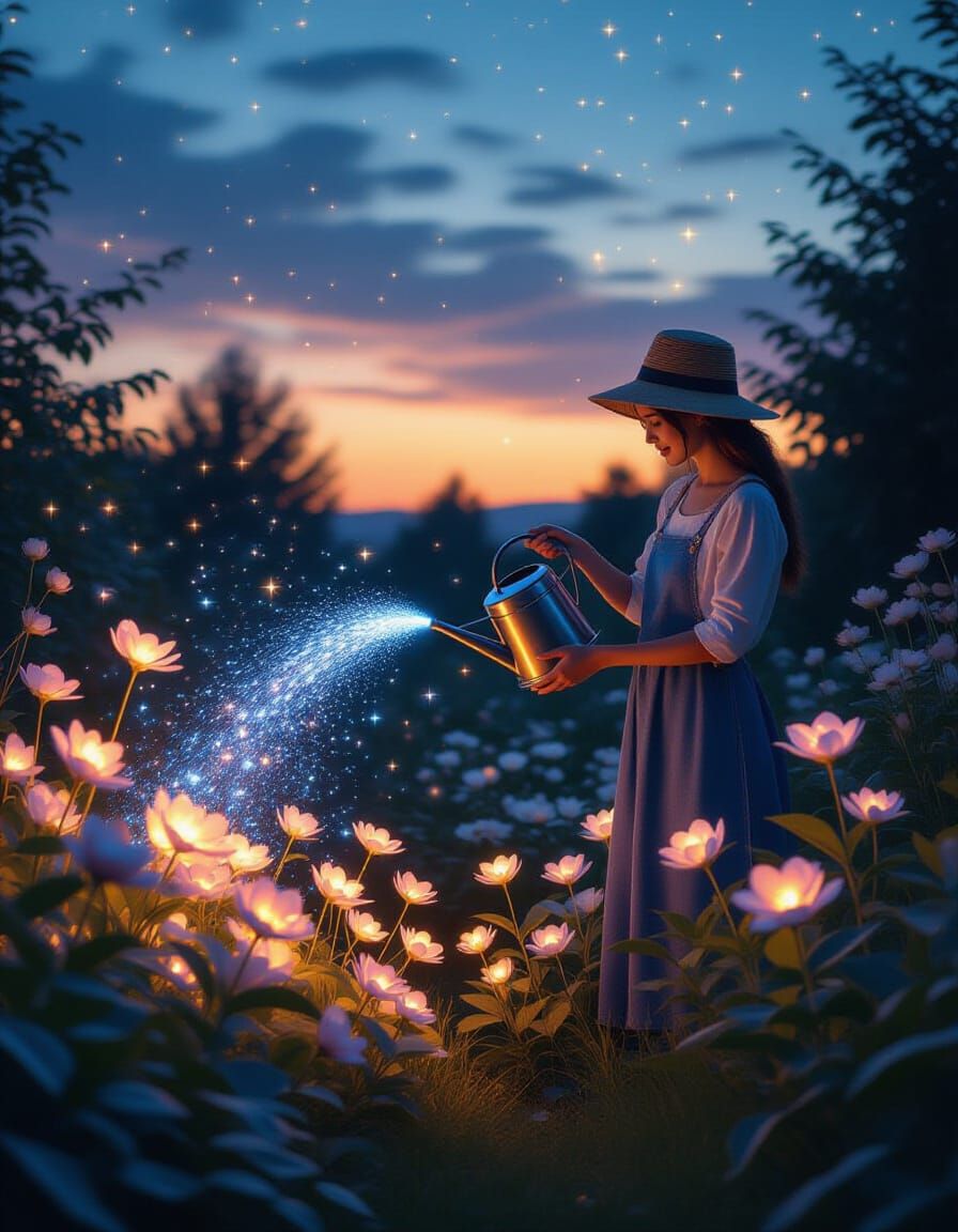 Magical Gardener Watering Starlight Plants at Dusk