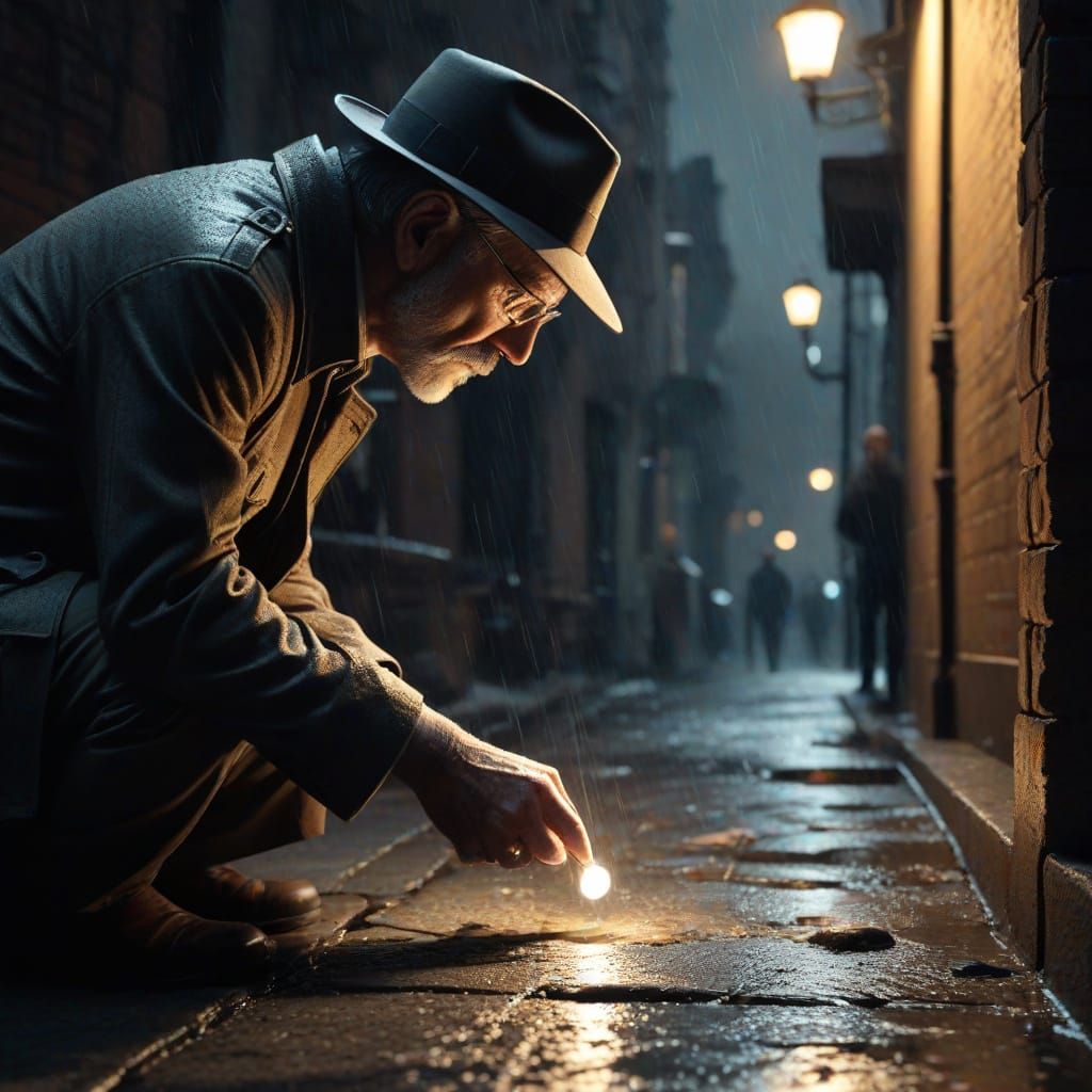 Noir Detective Examines Glowing Artifact in Rainy Alley