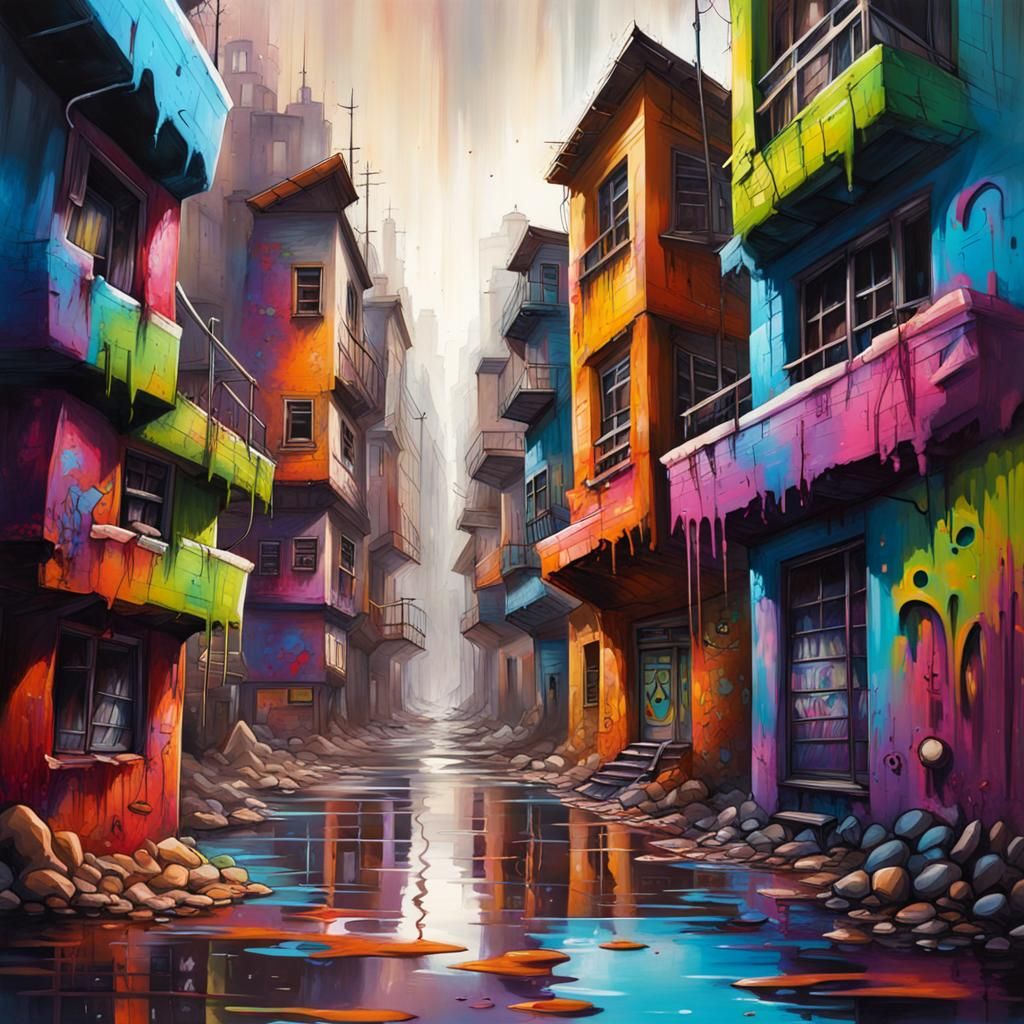 Colorful Fantasy City in Graffiti Art Style