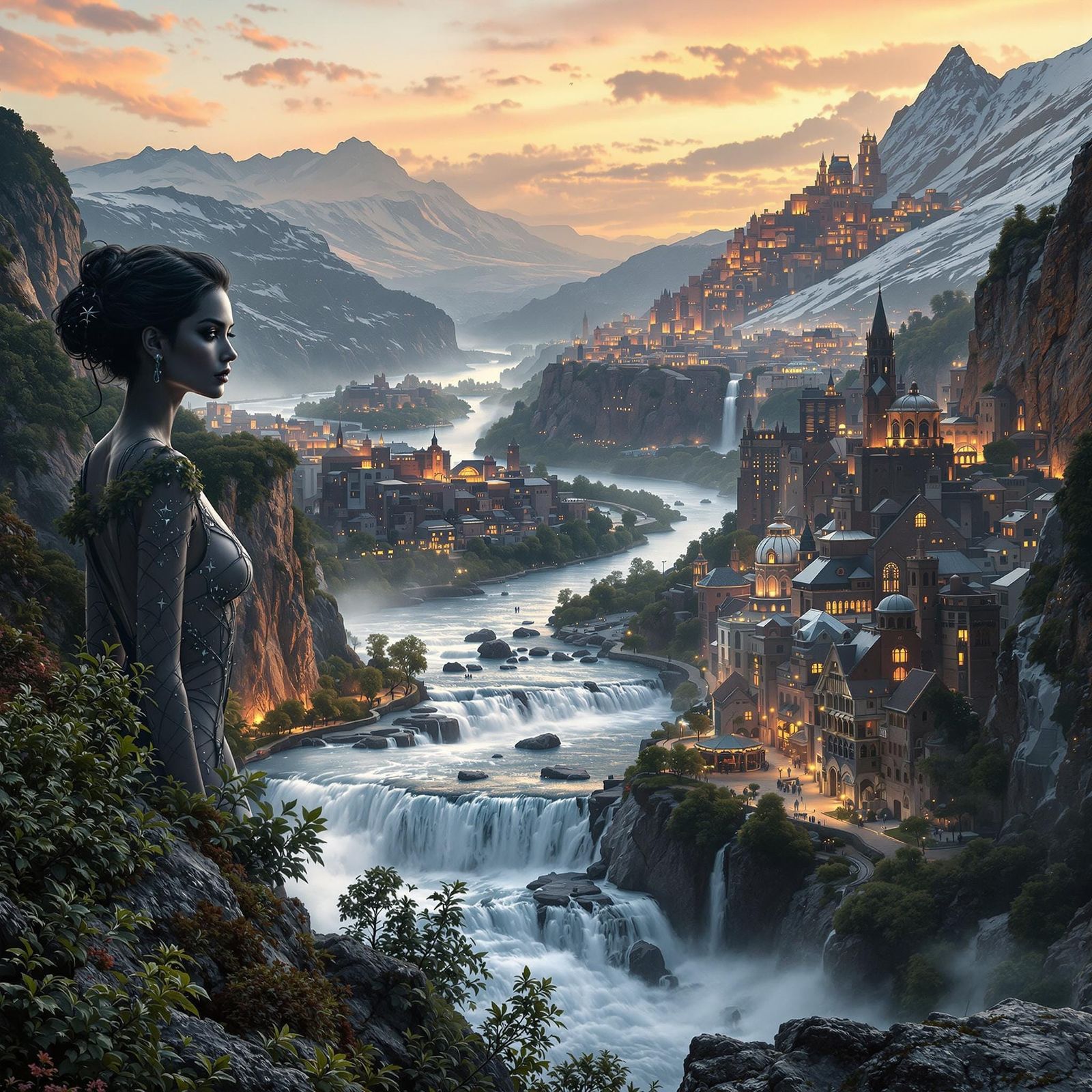 Surreal Woman in Futuristic Cityscape, Digital Art