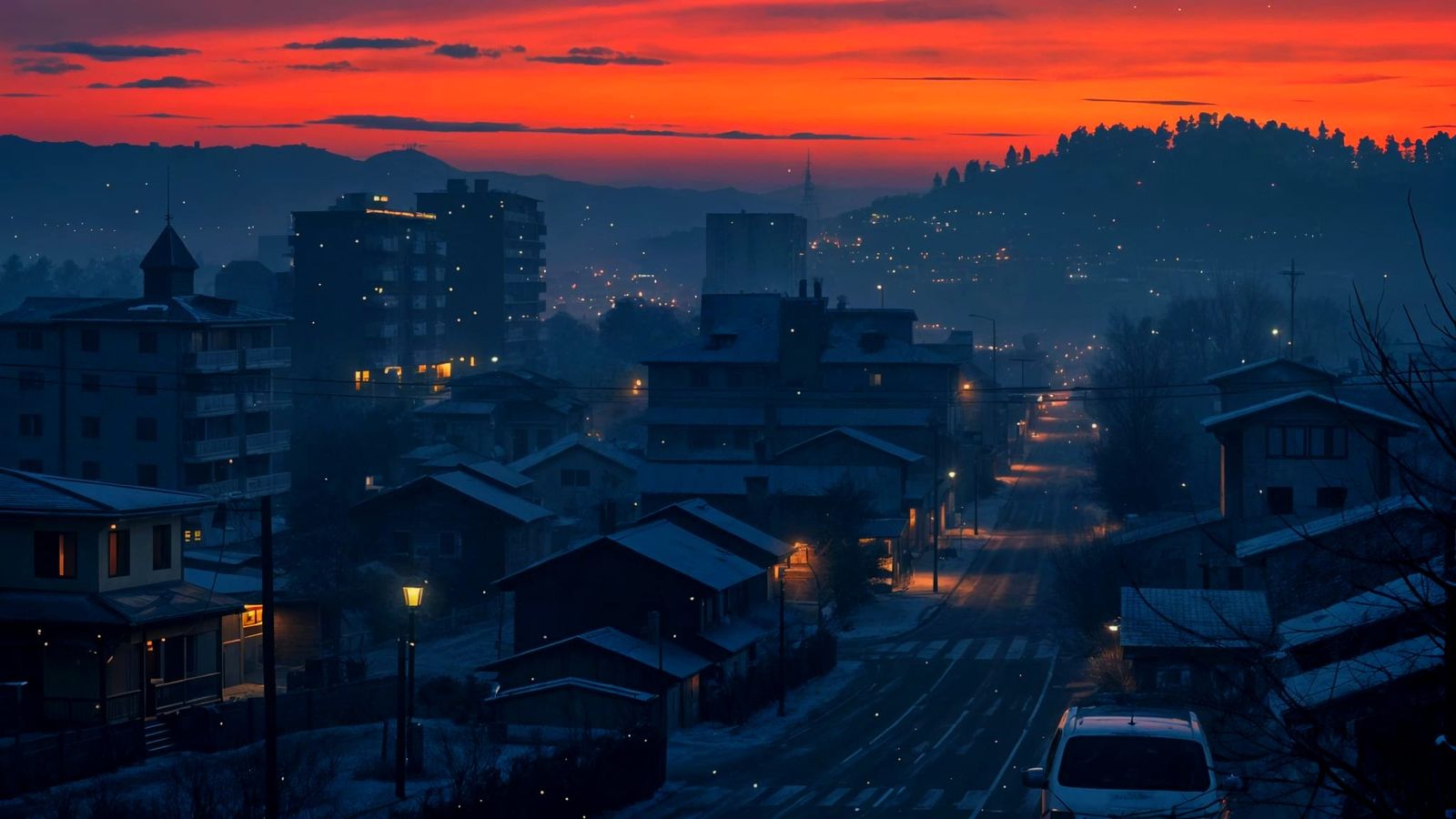 Snowy Rural Cityscape at Dusk in Cyberpunk Anime Style