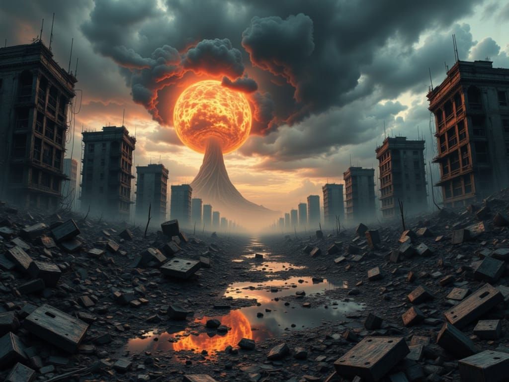 Apocalyptic Cityscape with Explosions and Flash Flood