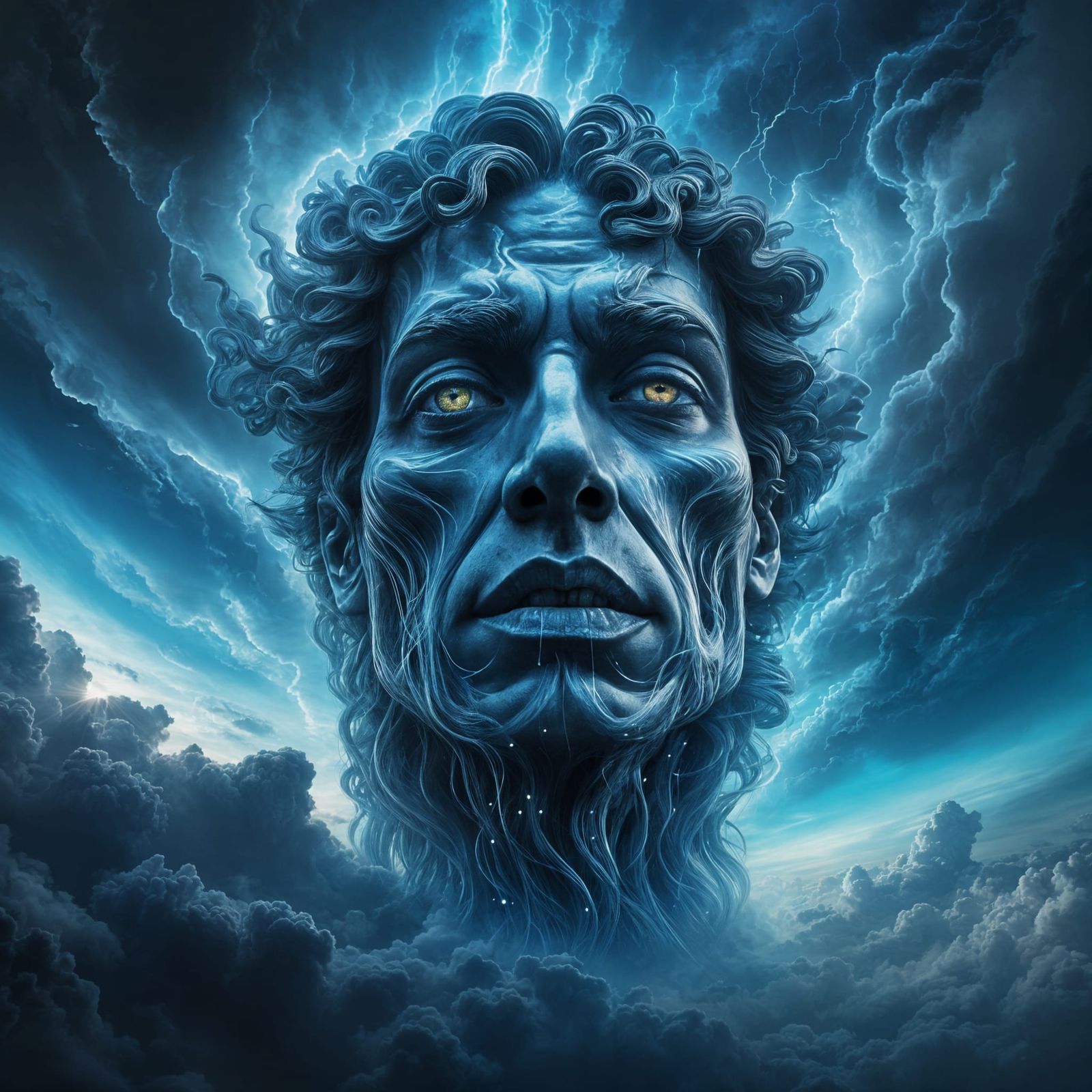 Ethereal Cloud Face Crying Rain in Blue