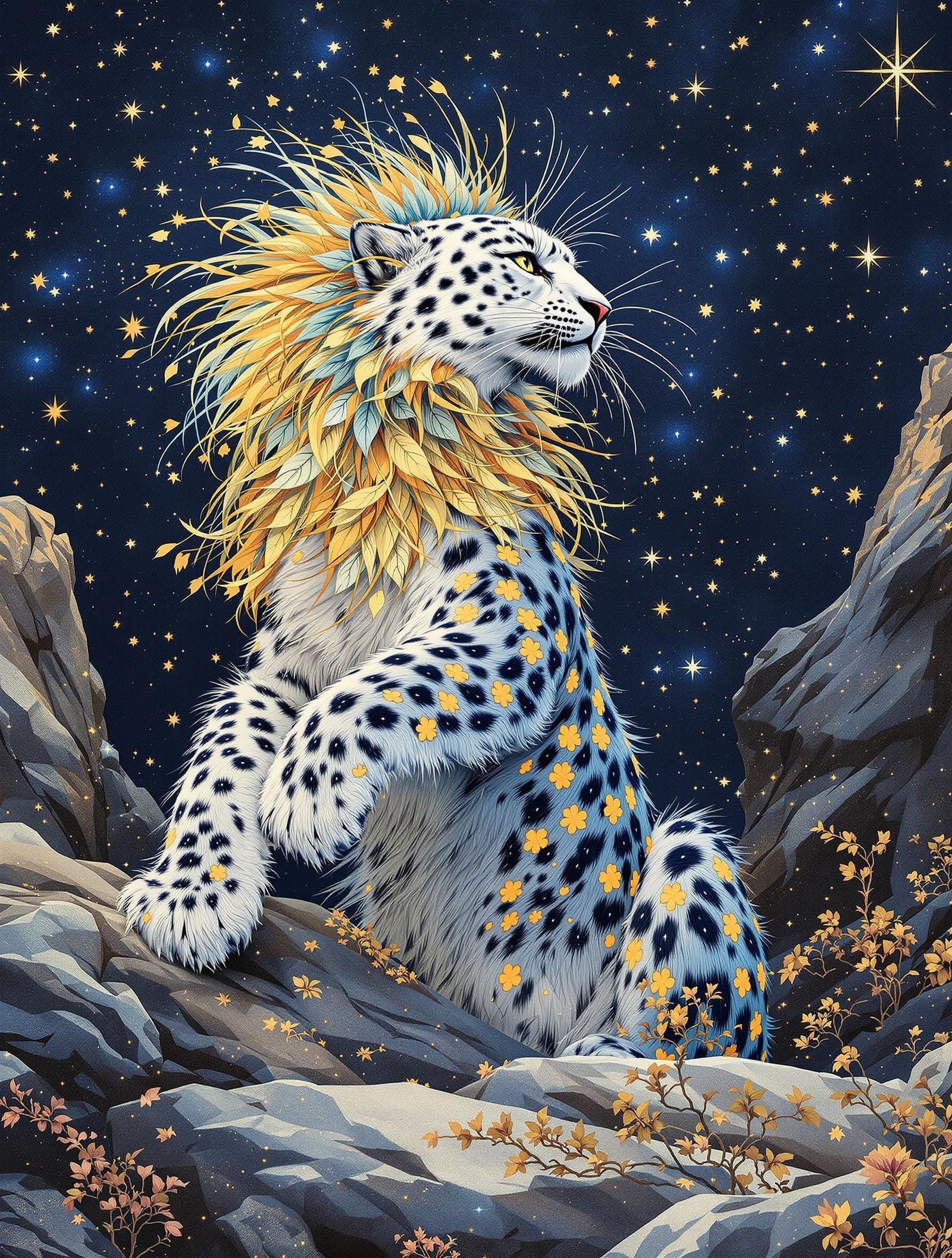 Snow Leopard in Indigo Velvet Tapestry with Gold Accents and...