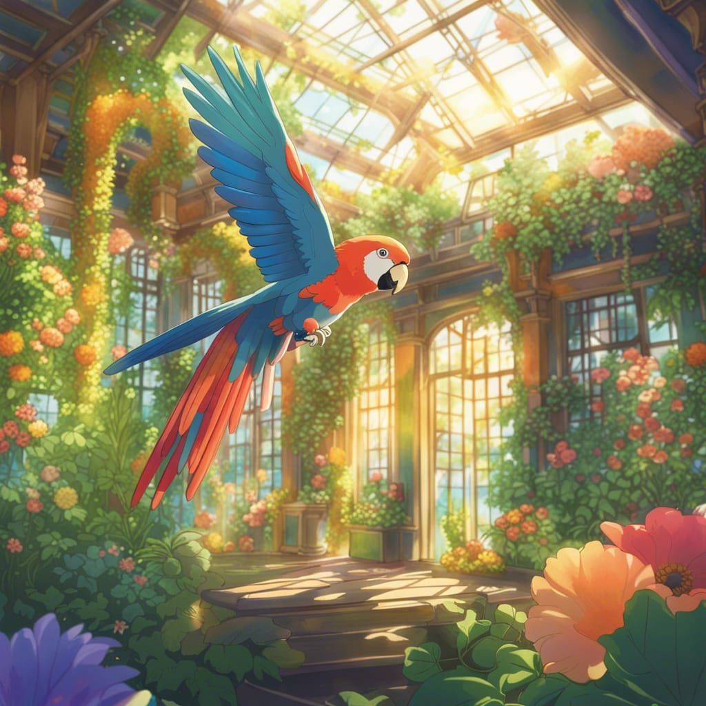 Colorful Parrots in Botanic Garden, Anime Style