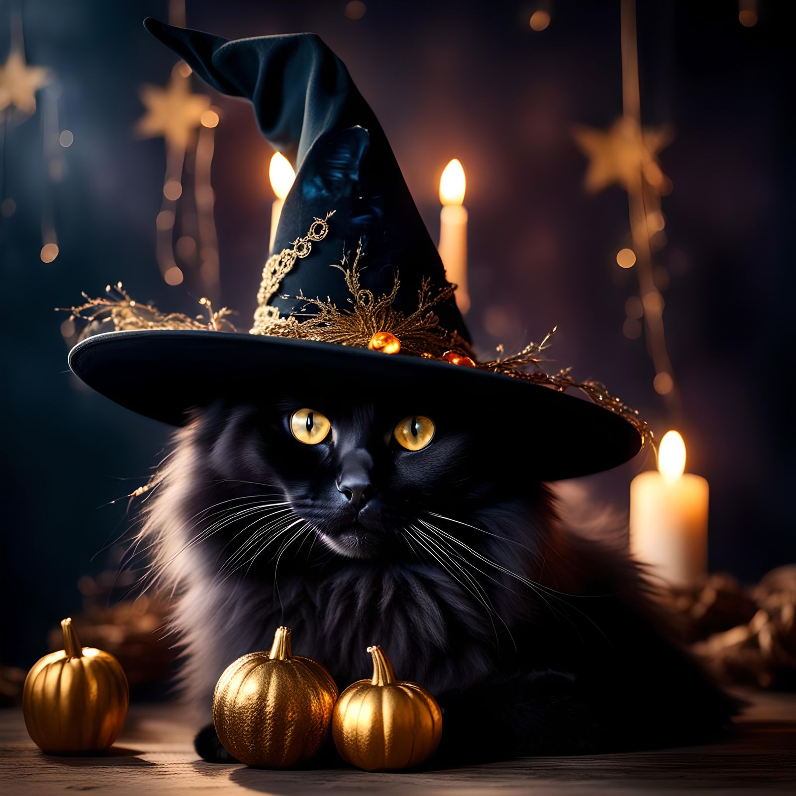 Kitten in Witch Hat with Romantic Lighting