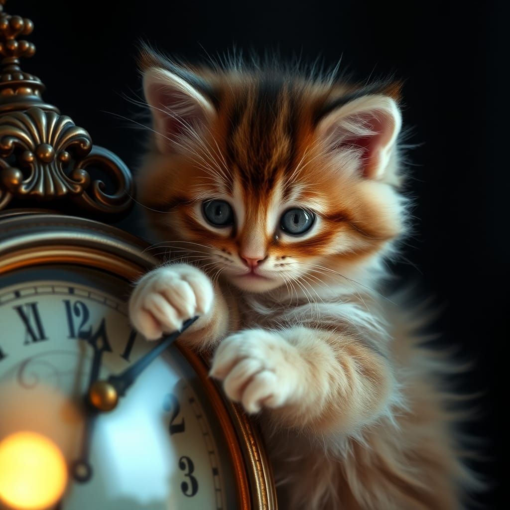 Hyperrealistic Kitten Plays with Clock Hands