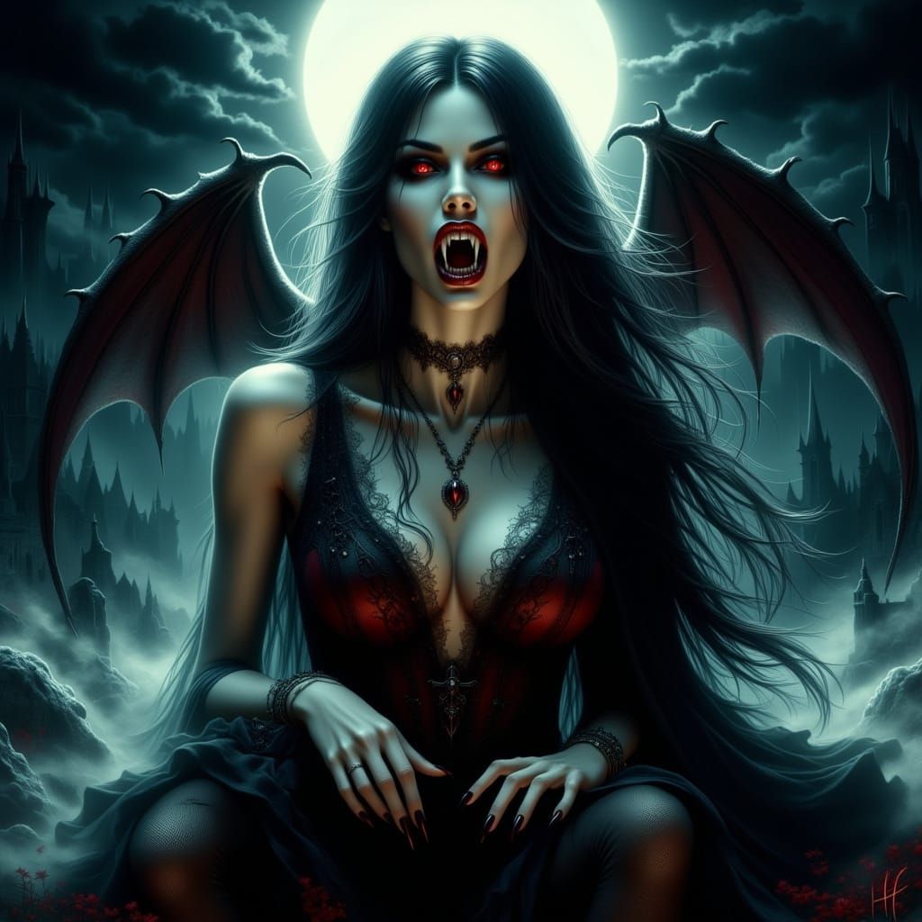 Pale Vampire with Glowing Eyes in Moonlight