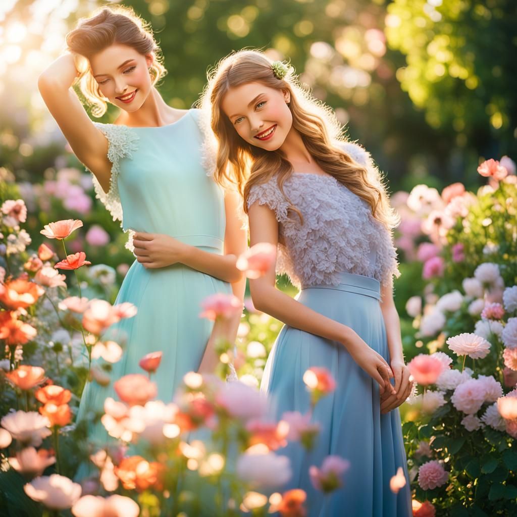 Elegant Women in Sunlit Garden: Glamorous Portrait