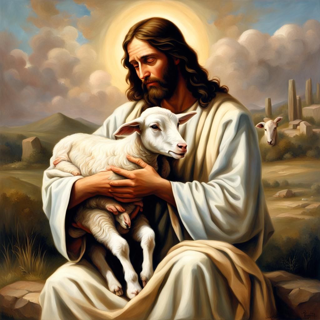 Jesus Comforts Lamb in Oil Painting