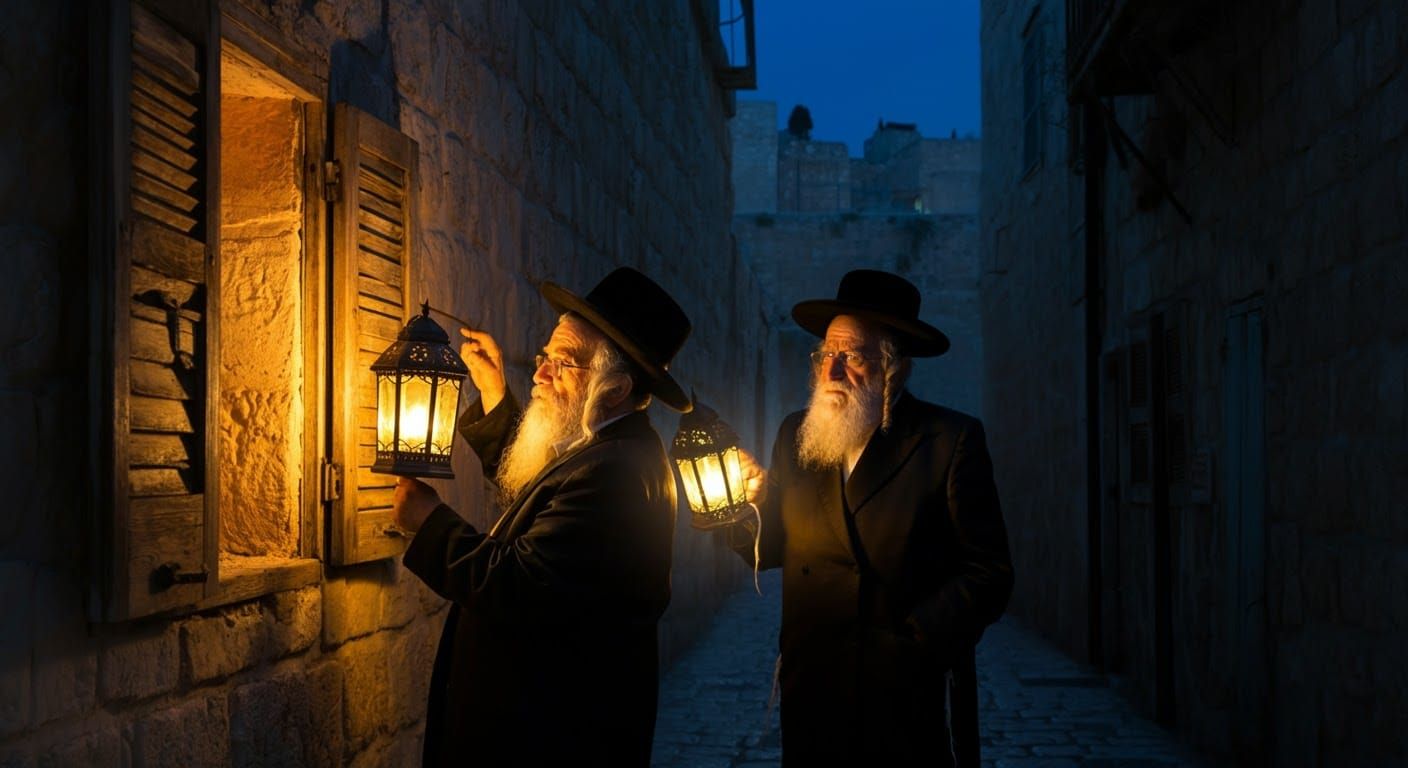 Jerusalem Men with Lanterns in Golden Light
