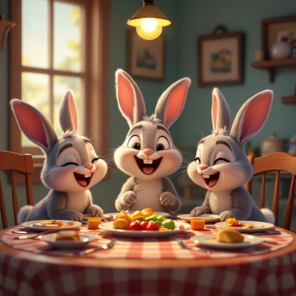 Joyful Bunny Family Dinner: 3D Digital Art
