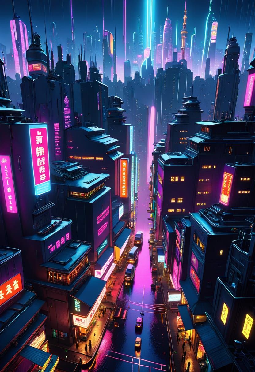 Cyberpunk Metropolis at Night: Neon and Flying Vehicles