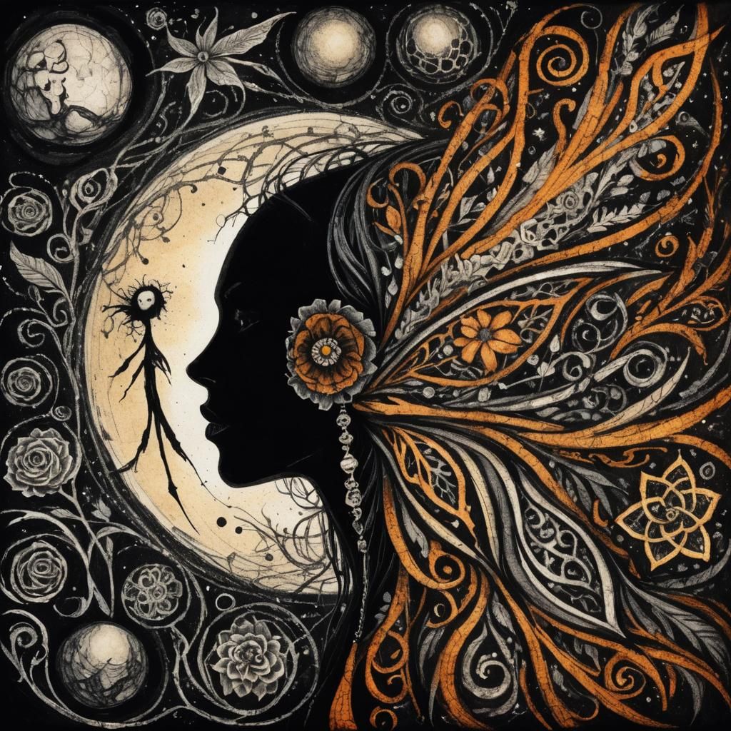 Gothic Death Comforted by Flowers, Pen Line Art