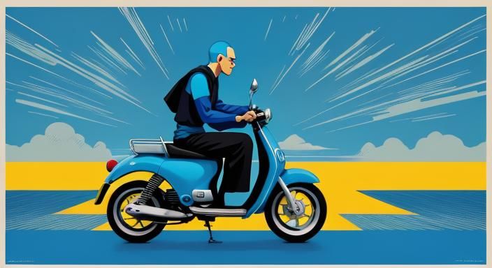 Happy Ghibli Monk on Blue Scooter, Digital Art