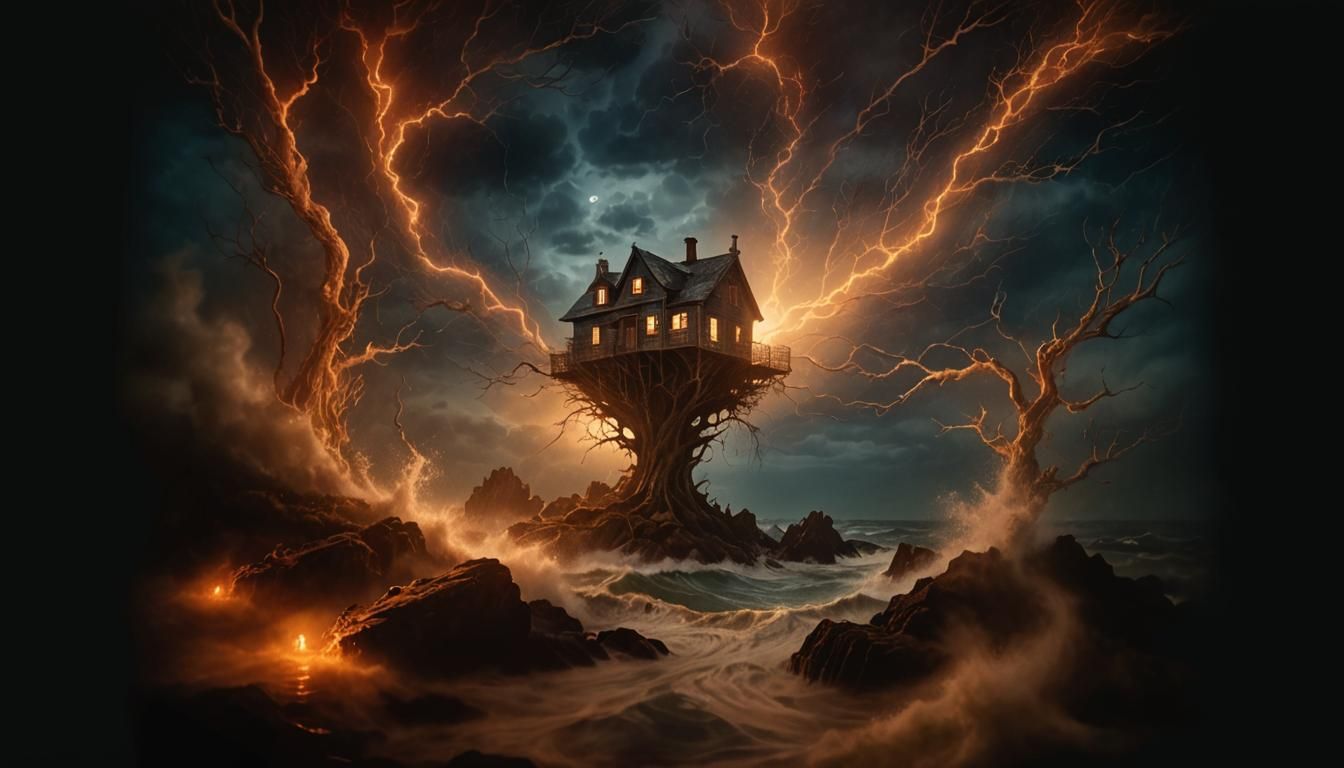 Island House in Vast Ocean: Doré-Inspired Seascape