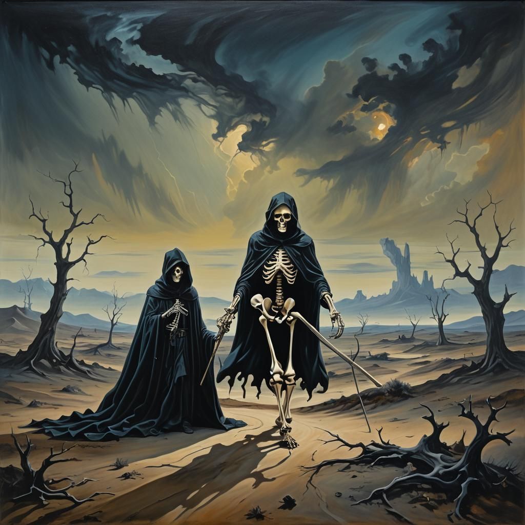 Surreal Dance with Death in Dream Landscape