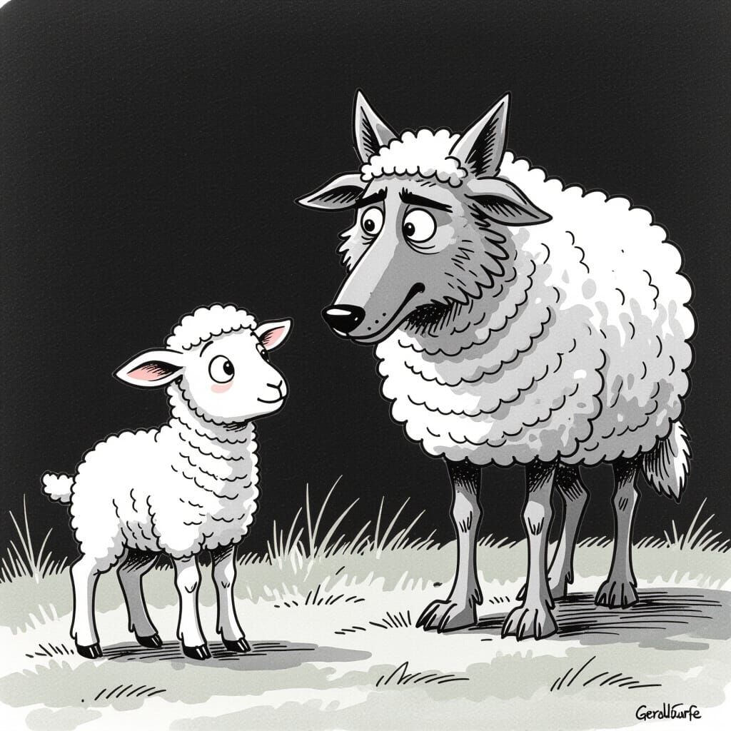 Anxious Lamb and Wolf in Sheep's Clothing: Caricature