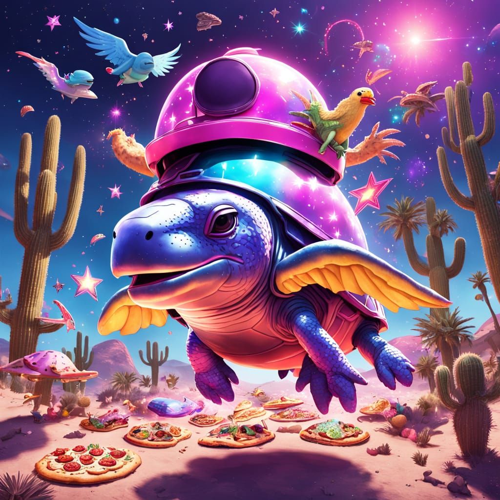 Purple Desert with Flying Dolphin and DJ Turtle
