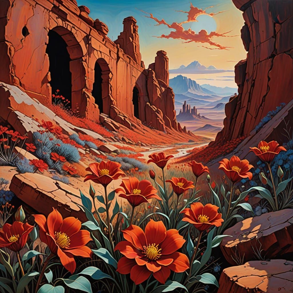 Surreal Red Flower Blooms Amidst Melting Rock Ruins in Oil o...