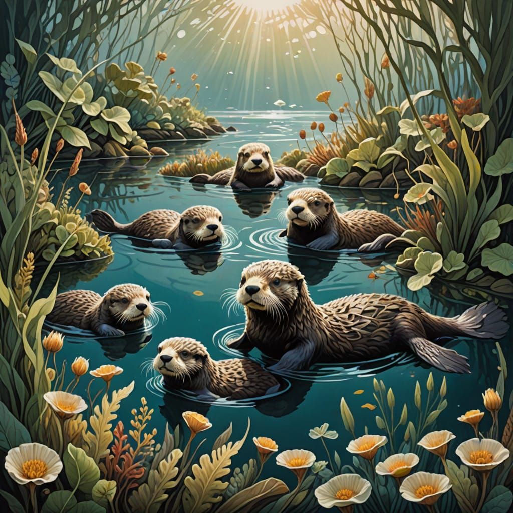 Whimsical Coastal Scene of Sea Otters in a Kelp Bed, in Goua...