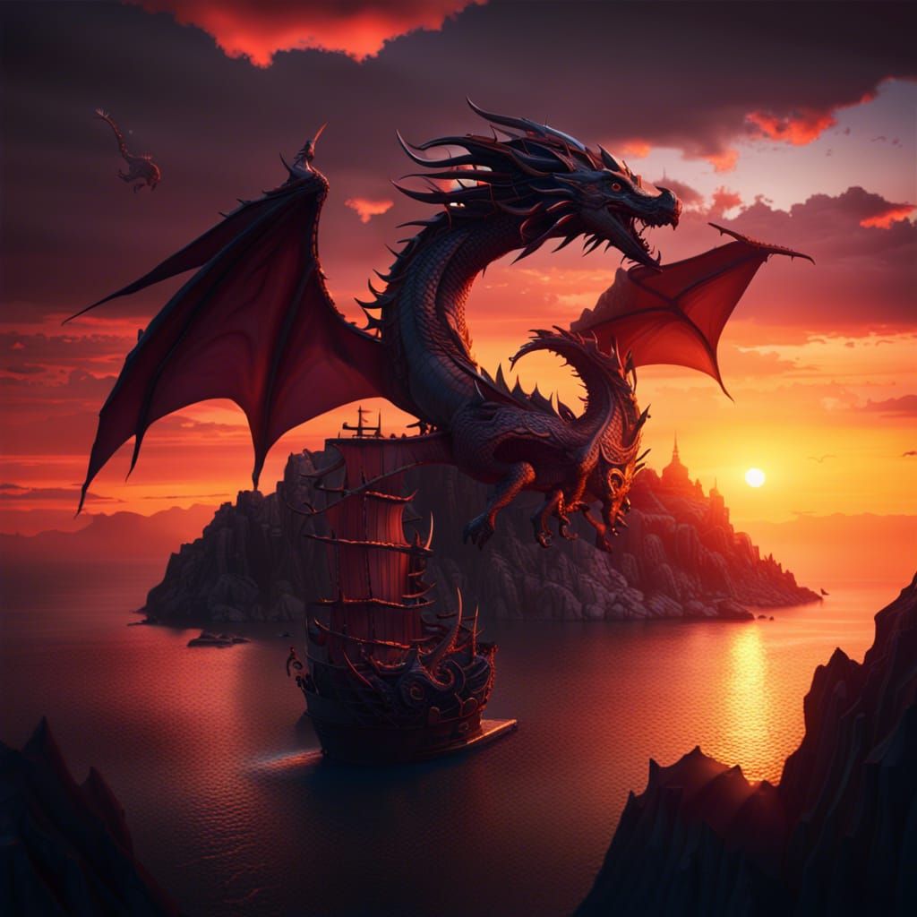 Dragon Flight over Sunset Bay: Fantasy Concept Art