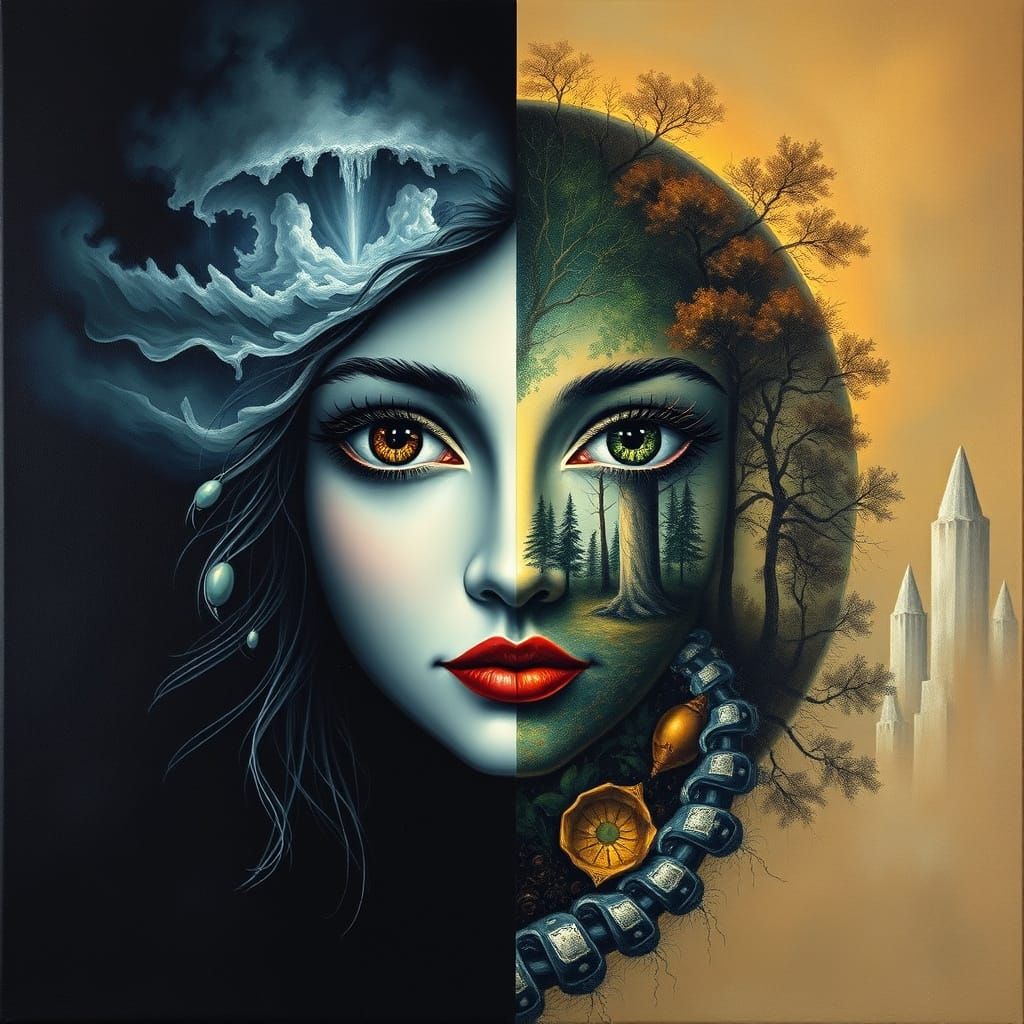 Surreal Mermaid Face Reflects Inner Worlds, Oil on Canvas