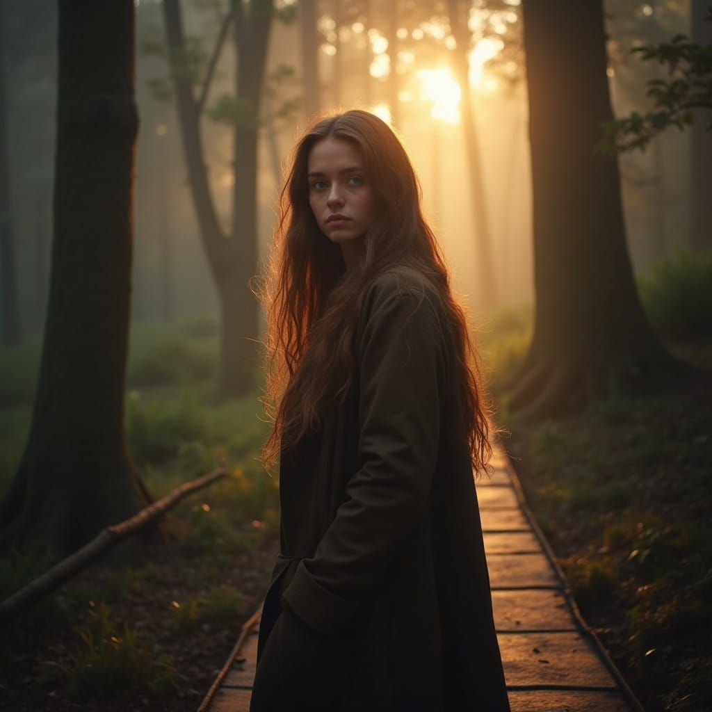 Woman in New Zealand Kauri Forest at Golden Hour