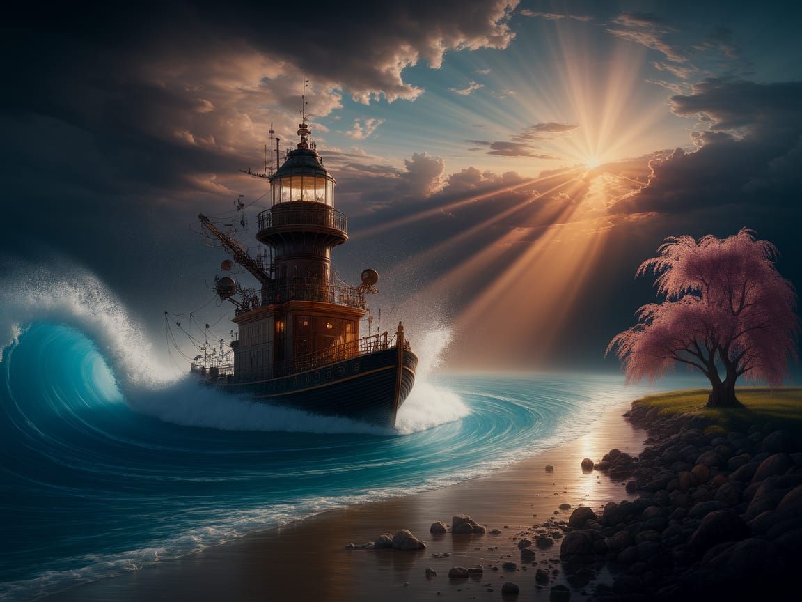 Steampunk Lighthouse Guides Trawler Through Stormy Seas