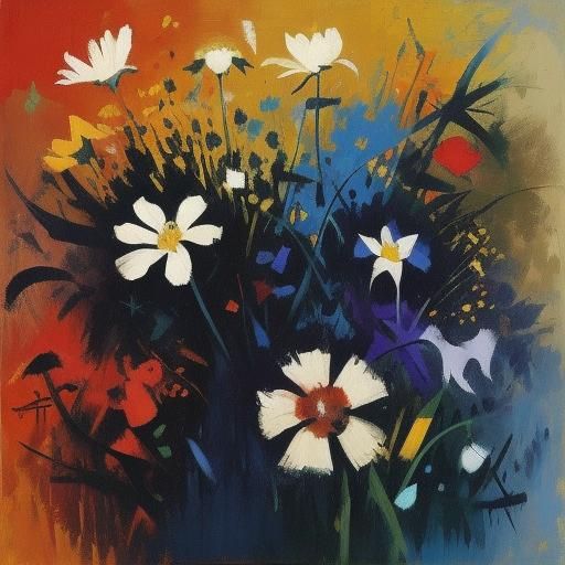 Abstract Cat Portrait with Flowers in Impasto Style