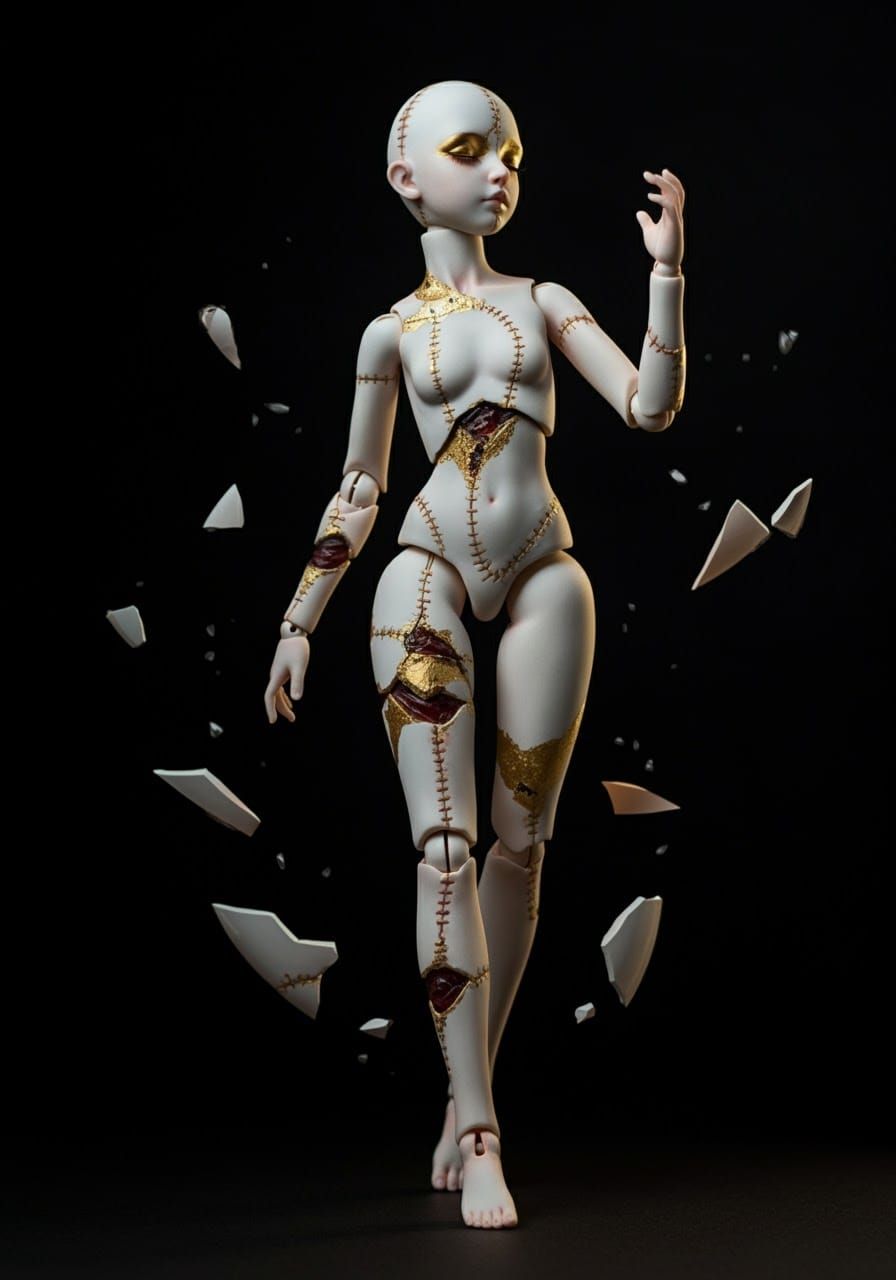 Kintsugi Doll Marionette in Shattered Elegance