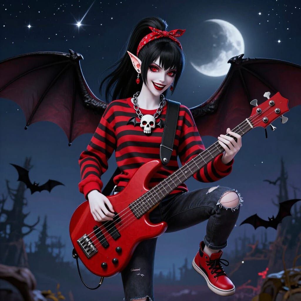 Seductive Vampire Woman Floating with Bass Guitar