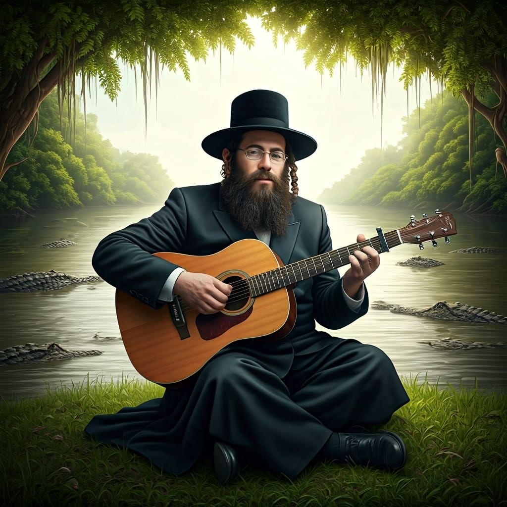 Hasidic Man's Serene Guitar Amidst Crocodiles