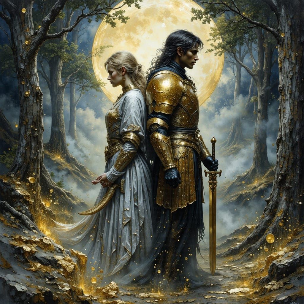 Elven Warriors in Moonlit Forest, Art Nouveau Style