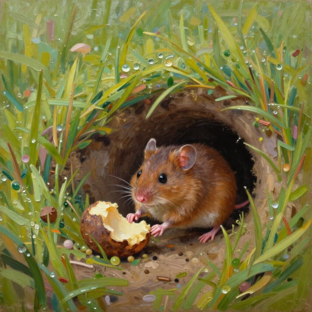 Field Mouse Pushes Giant Crumb to Burrow Entrance